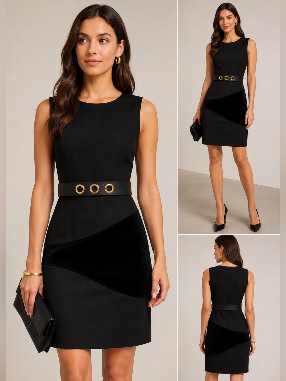 Calvin Klein Black Sheath Dress with Velvet Detail & Gold Accent Belt – Size 4